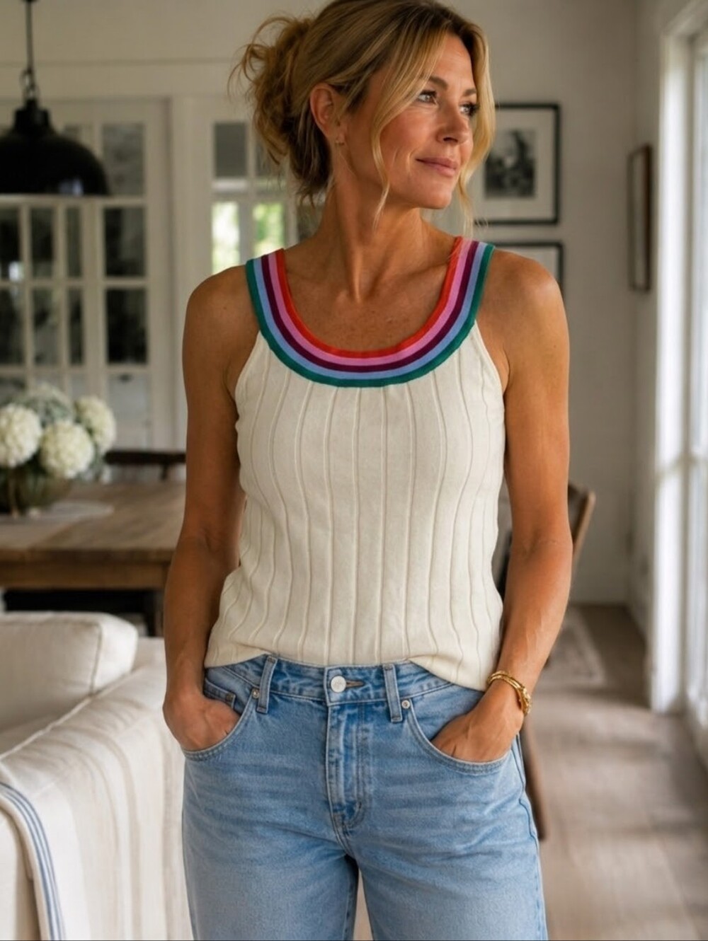 KULE • The Reva Ribbed Knit Pullover Sweater Tank Rainbow Strap Stretch in Cream